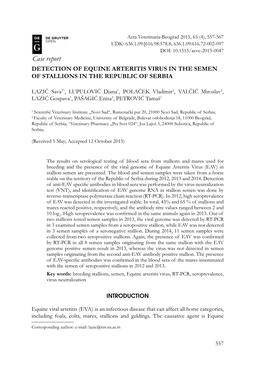 Case Report DETECTION of EQUINE ARTERITIS VIRUS in the SEMEN of STALLIONS in the REPUBLIC of SERBIA