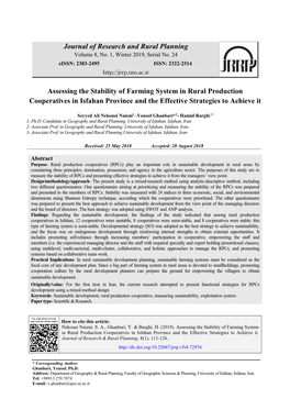 Journal of Research and Rural Planning Assessing the Stability of Farming System in Rural Production Cooperatives in Isfahan