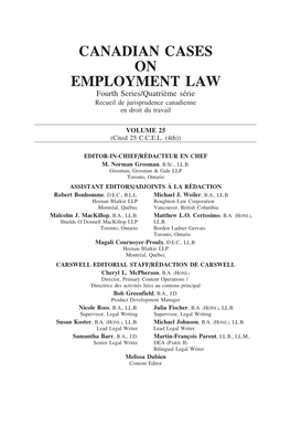 CANADIAN CASES on EMPLOYMENT LAW Fourth Series/Quatri`Eme S´Erie Recueil De Jurisprudence Canadienne En Droit Du Travail