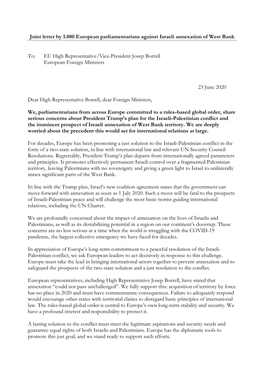 Joint Letter by 1.080 European Parliamentarians Against Israeli Annexation of West Bank