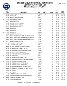 OREGON LIQUOR CONTROL COMMISSION Page 1 of 83 MONTHLY ALPHA PRICE LIST Effective September 01, 2018