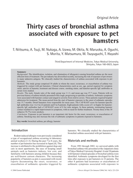 Thirty Cases of Bronchial Asthma Associated with Exposure to Pet Hamsters T