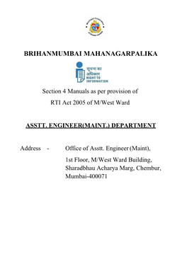 Section 4 Manuals As Per Provision of RTI Act 2005 of M/West Ward