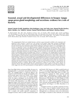 Seasonal, Sexual and Developmental Differences in Hoopoe Upupa Epops Preen Gland Morphology and Secretions: Evidence for a Role of Bacteria