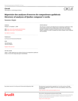 Répertoire Des Analyses D'oeuvres De Compositeurs Québécois