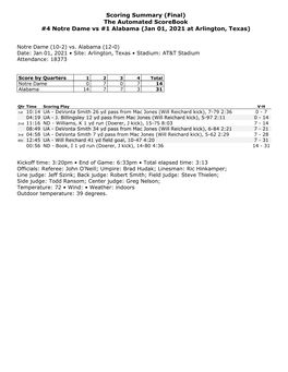 Final) the Automated Scorebook #4 Notre Dame Vs #1 Alabama (Jan 01, 2021 at Arlington, Texas