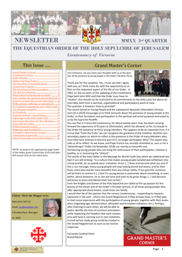 NEWSLETTER MMXX 3Rd QUARTER the EQUESTRIAN ORDER of the HOLY SEPULCHRE of JERUSALEM Lieutenancy of Victoria