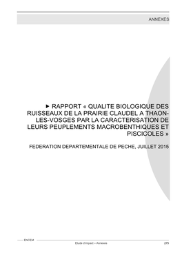 Rapport « Qualite Biologique Des Ruisseaux De La Prairie Claudel a Thaon- Les-Vosges Par La Caracterisation De Leurs Peuplements Macrobenthiques Et Piscicoles »