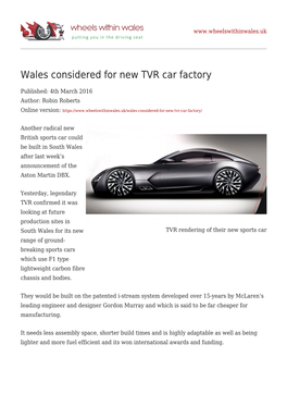 Wales Considered for New TVR Car Factory