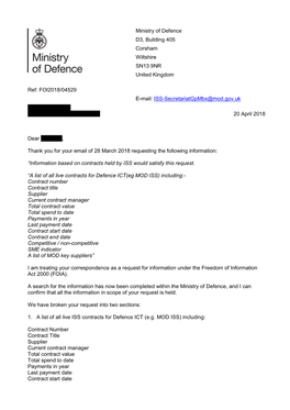 Information Regarding MOD ICT Contracts at 28 March 2018