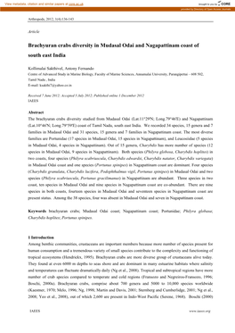 Brachyuran Crabs Diversity in Mudasal Odai and Nagapattinam Coast of South East India