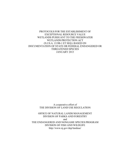 Protocols for the Establishment of Exceptional Resource Value Wetlands Pursuant to the Freshwater Wetlands Protection Act (N.J.S.A