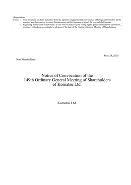 Notice of Convocation of the 149Th Ordinary General Meeting of Shareholders of Komatsu Ltd