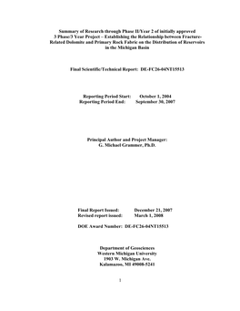 Project – Establishing the Relationship Between Fracture- Related Dolomite and Primary Rock Fabric on the Distribution of Reservoirs in the Michigan Basin