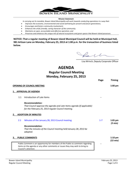 AGENDA Regular Council Meeting Monday, February 25, 2013 Page Timing