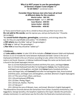 Why It Is NOT Proper to Use the Genealogies of Genesis Chapter 5 and Chapter 11 to Set Dates ! (Condensed Version)