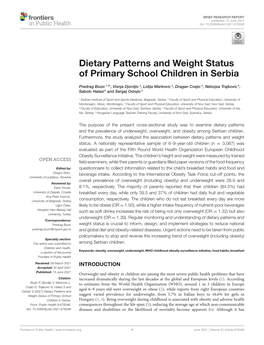 Dietary Patterns and Weight Status of Primary School Children in Serbia