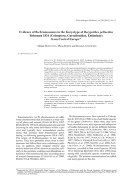 Evidence of B-Chromosomes in the Karyotype of Barypeithes Pellucidus Boheman 1834 (Coleoptera, Curculionidae, Entiminae) from Central Europe*