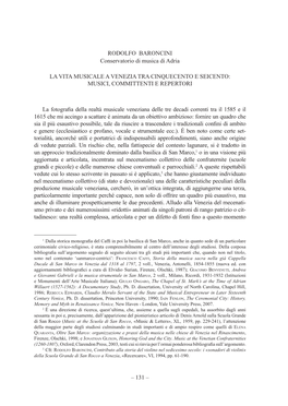 RODOLFO BARONCINI Conservatorio Di Musica Di Adria LA VITA MUSICALE a VENEZIA TRA CINQUECENTO E SEICENTO