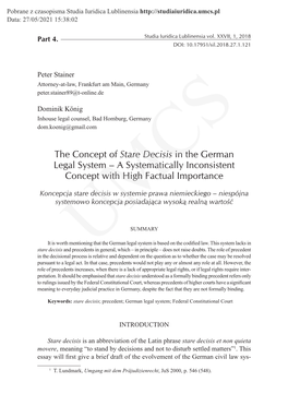 Stare Decisis in the German Legal System – a Systematically Inconsistent Concept with High Factual Importance