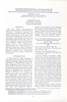 Chasmocarcinus Roberts!, a New Crab Species from the Miocene of Virginia, with Notes on the Genus Falconoplax (Crustacea, Decapoda, Goneplacidae) Warren C