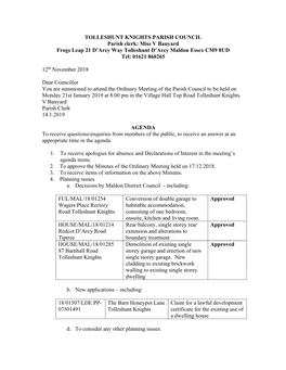 TOLLESHUNT KNIGHTS PARISH COUNCIL Parish Clerk: Miss V Banyard Frogs Leap 21 D’Arcy Way Tolleshunt D’Arcy Maldon Essex CM9 8UD Tel: 01621 860265