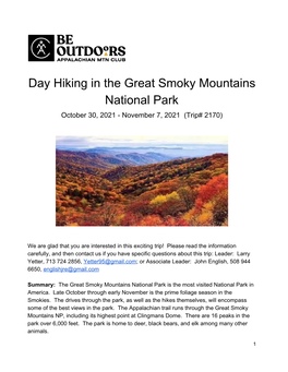 Day Hiking in the Great Smoky Mountains National Park October 30, 2021 - November 7, 2021 (Trip# 2170)