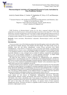 Pharmacological Activities of Compound Present in Cassia Auriculata by Pass Prediction Method