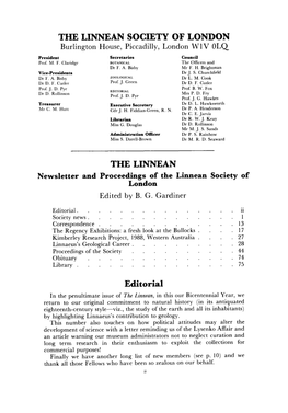 THE LINNEAN SOCIETY of LONDON Burlington House, Piccadilly, London W 1V OLQ President Secretaries Council Prof