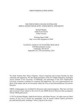 Nber Working Paper Series the End of Free College In