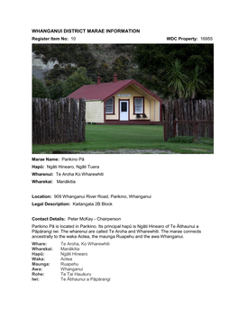 WHANGANUI DISTRICT MARAE INFORMATION Register Item No: 10 WDC Property: 16955