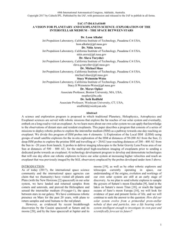 1 IAC-17-D4.4.1X41640 a VISION for PLANETARY and EXOPLANETS SCIENCE: EXPLORATION of the INTERSTELLAR MEDIUM – the SPACE BETWEE