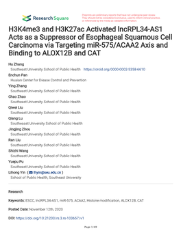 H3k4me3 and H3k27ac Activated Lncrpl34-AS1 Acts As a Suppressor of Esophageal Squamous Cell Carcinoma Via Targeting Mir-575/ACAA2 Axis and Binding to ALOX12B and CAT