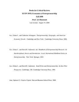 Books for Critical Reviews; ECON 4910 Econ. of Entrepreneurship