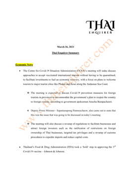 March 26, 2021 Thai Enquirer Summary Economic News • The