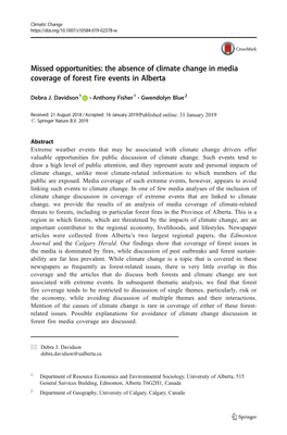 Missed Opportunities: the Absence of Climate Change in Media Coverage of Forest Fire Events in Alberta