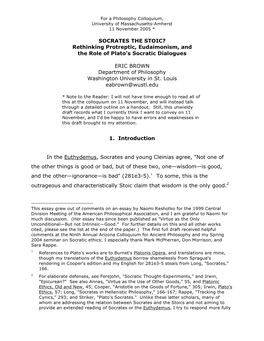 SOCRATES the STOIC? Rethinking Protreptic, Eudaimonism, and the Role of Plato's Socratic Dialogues