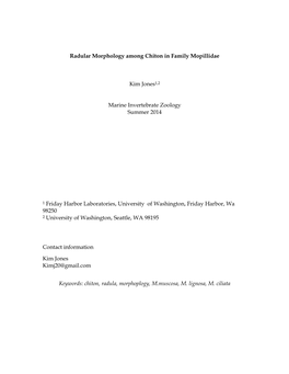 Radular Morphology Among Chiton in Family Mopillidae Kim Jones1,2