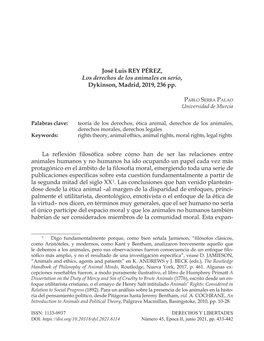 José Luis REY PÉREZ, Los Derechos De Los Animales En Serio, Dykinson, Madrid, 2019, 236 Pp