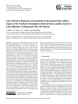 Late Glacial to Holocene Environments in the Present-Day Coldest Region of the Northern Hemisphere Inferred from a Pollen Record