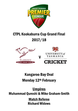 CTPL Kookaburra Cup Grand Final 2017/18 V Kangaroo Bay Oval Monday 12Th February Umpires