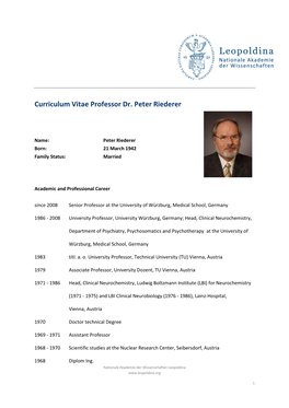 Curriculum Vitae Professor Dr. Peter Riederer