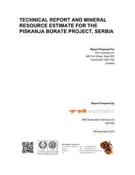 Technical Report and Mineral Resource Estimate for the Piskanja Borate Project, Serbia – Executive Summary