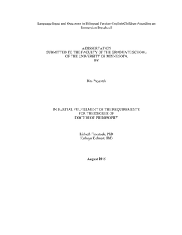 Language Input and Outcomes in Bilingual Persian-English Children Attending an Immersion Preschool