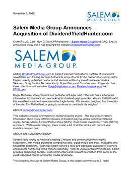 Salem Media Group Announces Acquisition of Dividendyieldhunter.Com