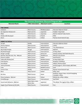 The Connect Entertainer Discount Program 2017 Merchant Name Offer Information Merchant Cuisine Locations