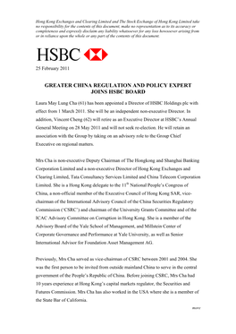 Greater China Regulation and Policy Expert Joins Hsbc Board