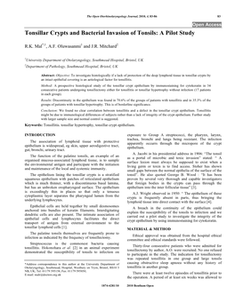 Tonsillar Crypts and Bacterial Invasion of Tonsils: a Pilot Study