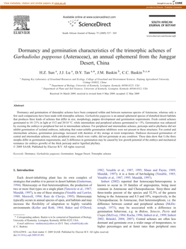 Dormancy and Germination Characteristics of the Trimorphic Achenes of Garhadiolus Papposus (Asteraceae), an Annual Ephemeral from the Junggar Desert, China ⁎ ⁎ H.Z