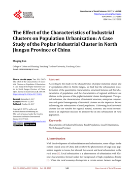 The Effect of the Characteristics of Industrial Clusters on Population Urbanization: a Case Study of the Poplar Industrial Cluster in North Jiangsu Province of China